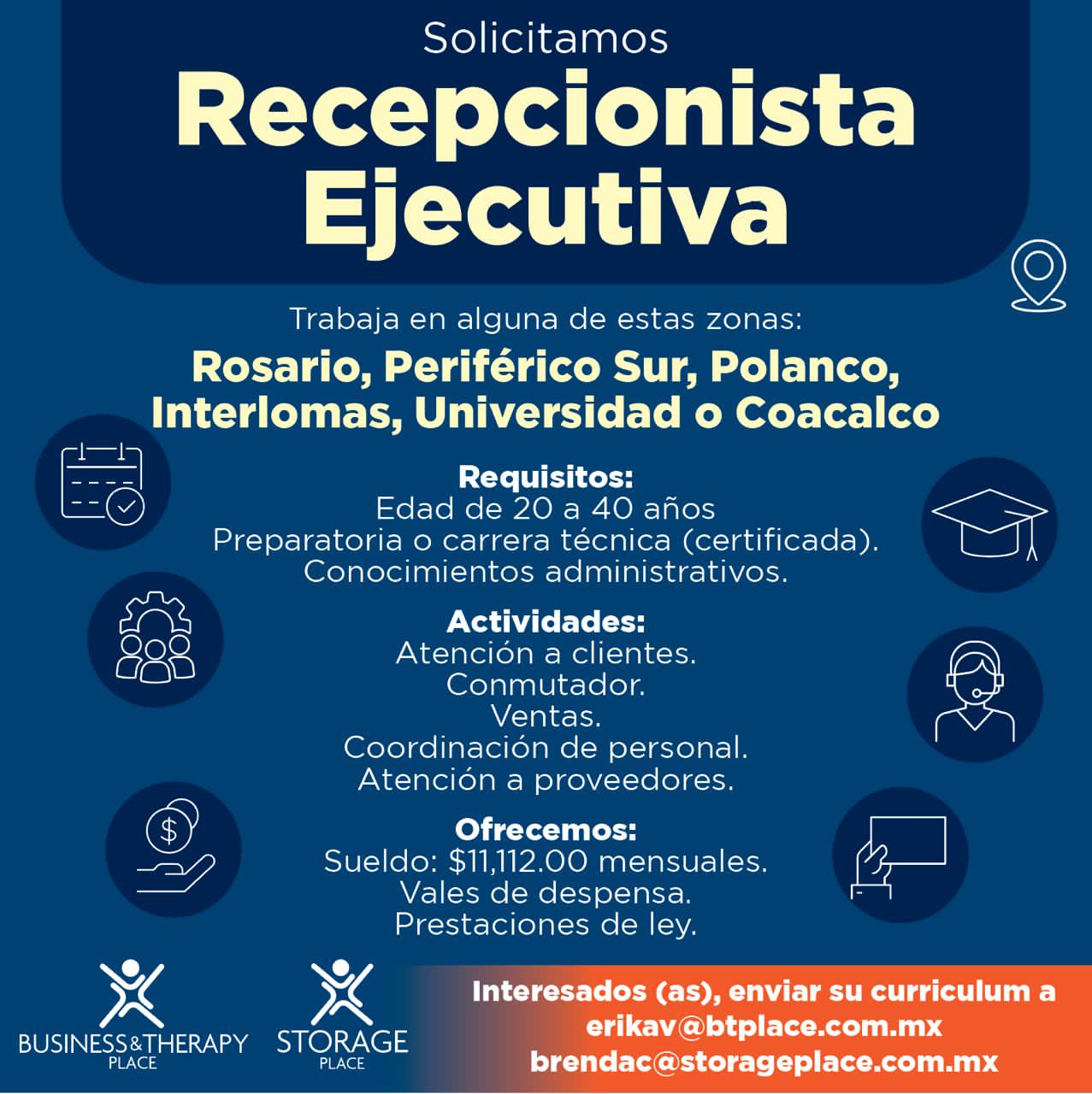 vacante de trabajo, recepcionista ejecutiva en Polanco, rosario, periférico sur, interlomas o universidad, empleo en CDMX